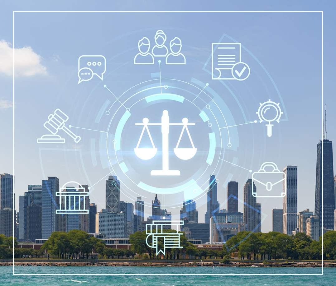 Justice symbols with urban backdrop